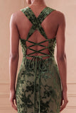 Halter Floral Green Sheath Maxi Velvet Dress