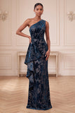 One Shoulder Navy Floral Ruffled Sheath Maxi Velvet Dress