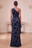 One Shoulder Navy Floral Ruffled Sheath Maxi Velvet Dress