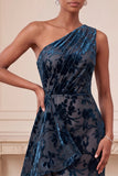One Shoulder Navy Floral Ruffled Sheath Maxi Velvet Dress