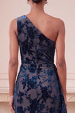 One Shoulder Navy Floral Ruffled Sheath Maxi Velvet Dress
