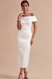 Off The Shoulder Sheath White Midi Engagement Dress With Slit