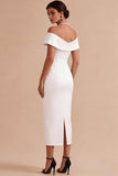 Off The Shoulder Sheath White Midi Engagement Dress With Slit