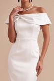 Off The Shoulder Sheath White Midi Engagement Dress With Slit