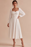 Long Sleeve Square Neck White A Line Midi Engagement Dress