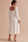 Long Sleeve Square Neck White A Line Midi Engagement Dress