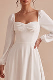 Long Sleeve Square Neck White A Line Midi Engagement Dress