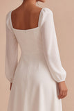 Long Sleeve Square Neck White A Line Midi Engagement Dress