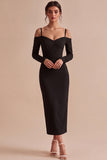 White Sheath Cold Shoulder Midi Engagement Dress With Long Sleeves