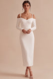 White Sheath Cold Shoulder Midi Engagement Dress With Long Sleeves