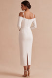White Sheath Cold Shoulder Midi Engagement Dress With Long Sleeves