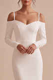 White Sheath Cold Shoulder Midi Engagement Dress With Long Sleeves