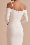 White Sheath Cold Shoulder Midi Engagement Dress With Long Sleeves