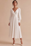 V-Neck White A Line Midi Engagement Dress With Long Sleeves