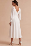 V-Neck White A Line Midi Engagement Dress With Long Sleeves