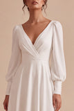 V-Neck White A Line Midi Engagement Dress With Long Sleeves