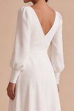 V-Neck White A Line Midi Engagement Dress With Long Sleeves