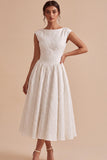 Floral A Line White Midi Engagement Dress With Cap Sleeves