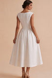 Floral A Line White Midi Engagement Dress With Cap Sleeves