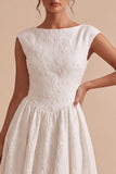 Floral A Line White Midi Engagement Dress With Cap Sleeves