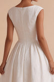 Floral A Line White Midi Engagement Dress With Cap Sleeves