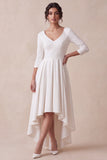 V-Neck White A Line 3/4 Sleeve High-Low Engagement Dress