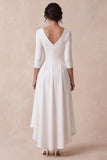V-Neck White A Line 3/4 Sleeve High-Low Engagement Dress