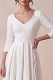 V-Neck White A Line 3/4 Sleeve High-Low Engagement Dress