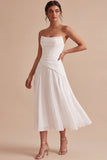 Strapless A Line White Ruched Chiffon Midi Engagement Dress