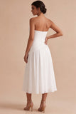 Strapless A Line White Ruched Chiffon Midi Engagement Dress