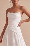 Strapless A Line White Ruched Chiffon Midi Engagement Dress