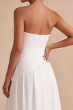 Strapless A Line White Ruched Chiffon Midi Engagement Dress