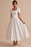 Square Neck A Line White Midi Engagement Dress With Rhinestone