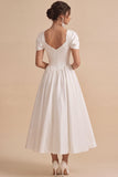 Square Neck A Line White Midi Engagement Dress With Rhinestone
