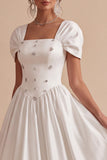 Square Neck A Line White Midi Engagement Dress With Rhinestone