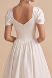 Square Neck A Line White Midi Engagement Dress With Rhinestone