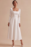 White A Line Square Neck Midi Engagement Dress With Long Sleeves