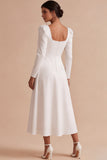 White A Line Square Neck Midi Engagement Dress With Long Sleeves