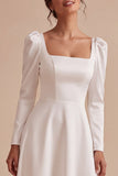 White A Line Square Neck Midi Engagement Dress With Long Sleeves