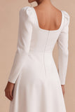 White A Line Square Neck Midi Engagement Dress With Long Sleeves