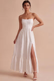 Corset Strapless A Line White Floral Midi Engagement Dress
