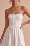 Corset Strapless A Line White Floral Midi Engagement Dress