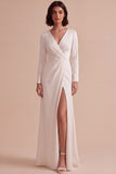 White Long Sleeve Sheath V-Neck Maxi Engagement Dress