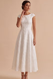 Floral A Line White Midi Engagement Dress With Cap Sleeves