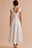Floral A Line White Midi Engagement Dress With Cap Sleeves