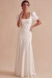 Mermaid Square Neck White Maxi Wedding Dress With Puff Sleeves