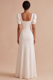 Mermaid Square Neck White Maxi Wedding Dress With Puff Sleeves
