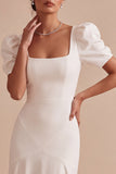 Mermaid Square Neck White Maxi Wedding Dress With Puff Sleeves