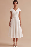 A Line White Ruched Midi Engagement Dress With Cap Sleeves