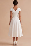 A Line White Ruched Midi Engagement Dress With Cap Sleeves